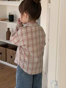 DAZY 女童格子衬衫，长袖休闲卡通领棉质宽松上衣外套 - 粉色 - 查看 2