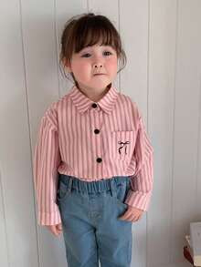 DAZY 女婴/幼儿翻领条纹韩版蝴蝶结印花长袖衬衫 - 粉色 - 查看 6
