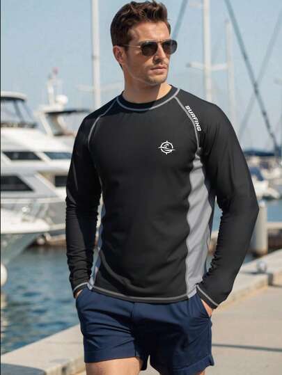 Zalmeno Camisa de surf de manga larga con estampado de color contrastante para hombres, vacaciones en la playa