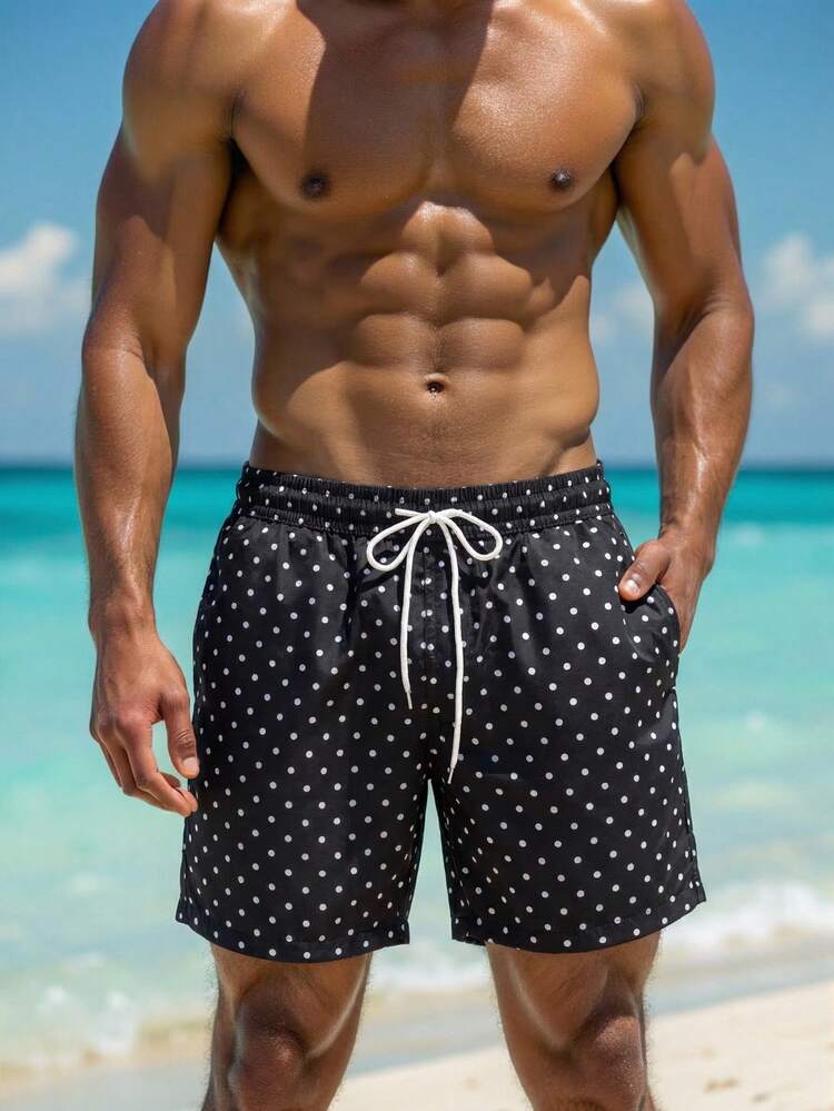Manfinity Swimmode Men's Drawstring Waist Pockets Polka Dot Casual Beach Shorts Mens Beach Shorts Mens Swim Trunk Bathing Suit - Black - View 6