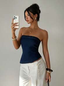 Aloruh 女士纯色不对称下摆修身无袖牛仔上衣 - 藍色 - 查看 9