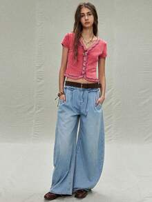 SoleilVie 女士复古蕾丝V领纽扣短袖针织衫夏季上衣，女士短款针织衫嬉皮风上衣，复古T恤，女士70年代风格上衣，夏季休闲水洗做旧红色蕾丝边短款针织衫，棉质上衣，短袖外套，春季外出上衣 - 中紫紅色 - 查看 3