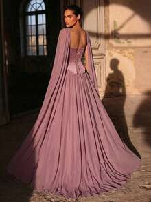 Glamrae 优雅奢华的串珠钻石泡泡针织拼接雪纺吊带长裙，适合婚礼、活动、派对、度假、盛会、正式场合。 - 粉色 - 查看 3