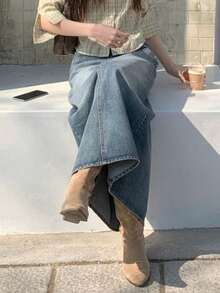 DAZY 复古牛仔裙，A字长裙，开衩设计，显瘦，女士牛仔裙 - 中等水洗藍 - 查看 3