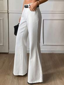 DAZY 女士低腰喇叭牛仔裤，休闲性感白色牛仔裤 - 白色 - 查看 2