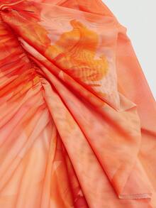 Sweetra Đầm midi không dây vai, kiểu dáng thanh lịch, tối giản, xếp ly kiểu Pháp, chất liệu lưới họa tiết hoa ly và lớp lót, vạt bất đối xứng, màu cam, mùa hè, cỡ lớn. - trái cam - Xem 8