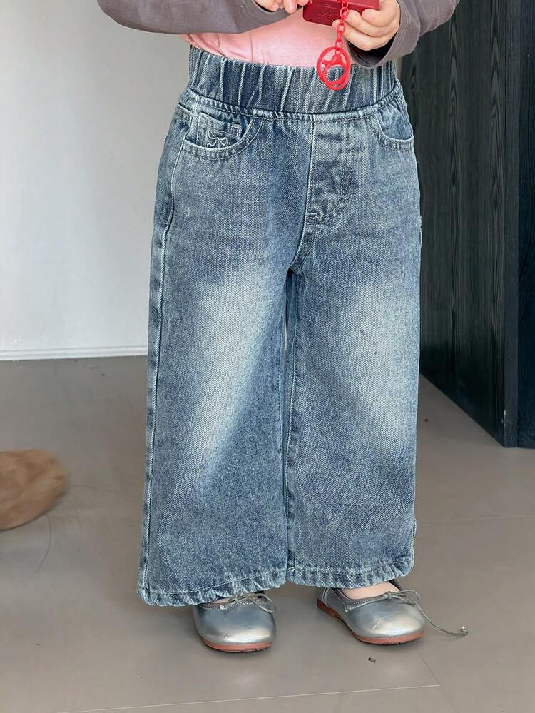 Baby Girl Washed Distressed Denim Jeans With Butterfly Embroidery, Korean Style