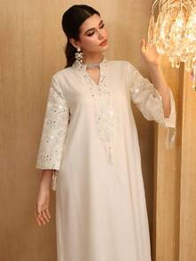 SHEIN Najma 女士阿拉伯风格连衣裙，立领，布料拼接，流苏装饰，喇叭形七分袖 - 杏色 - 查看 5