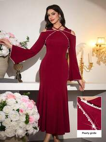 Modelyn Đầm chữ A cổ tròn, trễ vai, phối ruy băng, thắt chéo, tay loe, eo thon dành cho nữ - Màu Đỏ Sâu - Xem 5
