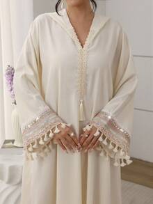 SHEIN Najma 女士连帽蕾丝缎带蝙蝠袖流苏连衣裙 - 杏色 - 查看 4