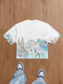 Manfinity Joysei 男士休闲涂鸦印花宽松短款T恤，春季 - 白色 - 查看 2