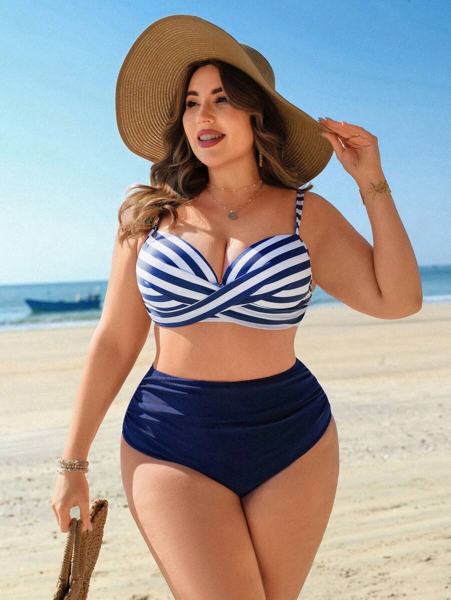 Swim Lushoire Plus Size Striped Print Padded Underwire Tankini Top With Solid High Waist Ruched Bottoms, Women Fashion Swimwear Set For Beach & Vacation - Blue and White - View 1