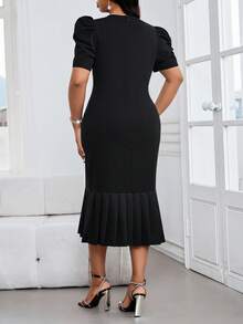 SHEIN Lady Plus Size Women Black Elegant Formal Evening Dress,Solid Color Round Neck Puff Sleeve Fishtail Hem Pencil Dress,Autumn Spring Office Wedding Outfits - Black - View 2