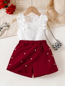 Toddler Girls' Elegant Pearl 3D Flower Vest With Cute Pearl Skirt Pants Set - Red - View 1