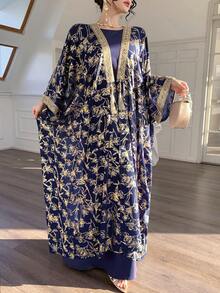 DAZY Women's Regular Jacket With Metallic Gold, Flared Sleeves, Fringes, 3/4 Sleeve Robe Dress - Royal Blue - View 4