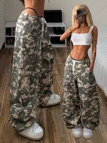 StreetHx Casual Street Style Drawstring Camouflage Distressed Low Waist Jeans