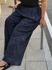 Dazy Plus Elastic Waist All-Over Floral Print Loose Long Straight Pants, All Season - Navy Blue - View 1