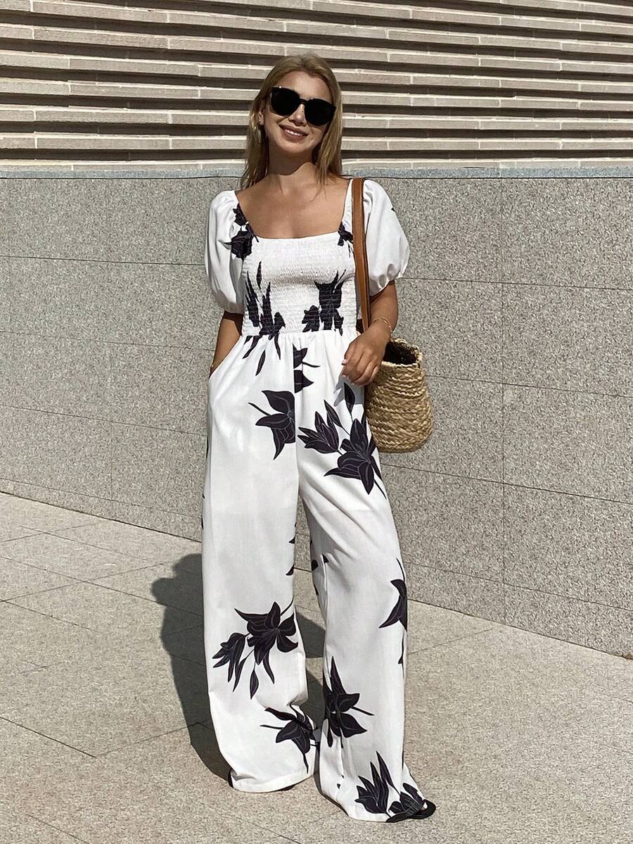 Livesso Women's Spring/Summer White Straight Leg Pants With Black Embroidered Music Festival, Valentine's Day, Wedding, Casual, Beach, Commute Elegant Short Sleeve Jumpsuit - White - View 1