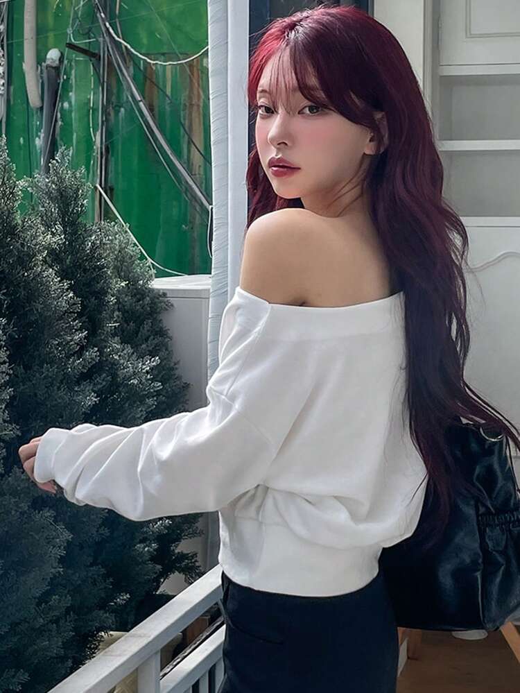 Asymmetric One Shoulder Casual Short Solid Color Long Sleeve Sweatshirt For Women