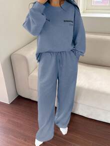 DAZY 2 st damer pyjamasset med bokstavstryck och dekoration, lös passform, tröja, höst/vinter - Blå - Visa 5