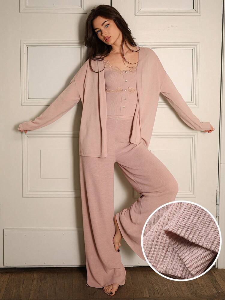3pcs Set Knitted Lace Pearl Button Decor Camisole, Robe & Pants Women Sleepwear Suit, Autumn/Winter
