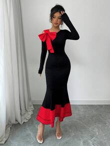 Elenzga 女士撞色蝴蝶结装饰露肩优雅收腰长袖鱼尾连衣裙，适合派对和活动 - 紅色 - 查看 4