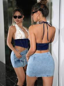SHEIN ICON Women's Y2k Fashionable Sexy Lace Patchwork Open Back Halter Denim Top - Dark Wash - View 2