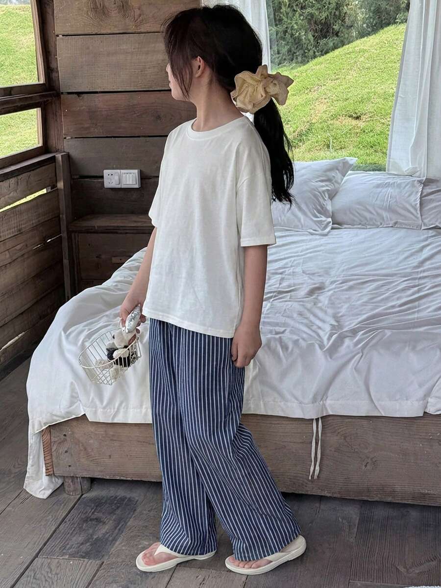 DAZY Tween Girl Solid Color Round Neck Short Sleeve Top And Striped Pants Pajama Set - White - View 1