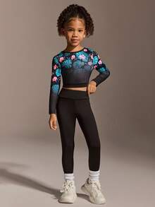 SHEIN Ensemble de survêtement pour jeunes filles, pantalon à manches longues avec motif noir. Tenue de sport ajustée, à la mode, en tissu haute élasticité. Convient pour le cyclisme, le jogging et les jeux de ballon en extérieur. - Noir - Voir 6