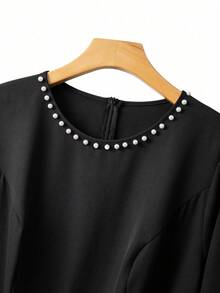 SHEIN Clasi Plus Size Women's Round Neck Elegant Beaded Long Sleeve A-Line Dress - Black - View 4