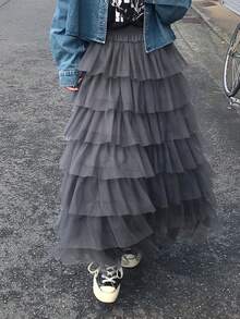 FRIFUL Women's Elastic Waist Layered Mesh Patchwork Cake Skirt, Suitable From Spring To Summer - Black - View 3