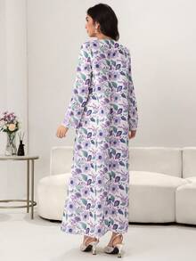 Yasmyna Damen elegantes Blumenprint-Kleid mit V-Ausschnitt, Glockenärmeln, Perlenbesatz und Bindegürtel, Urlaubsstil, Frühling/Herbst - Verschiedenfarbig - Übersicht 4