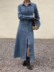 Livesso Spring & Summer Loose Business Casual Fashion Office Wear Design Waist Cinched Denim Midi Dress With Large Pockets, Outdoor Street Style Long Top, Women Denim Jacket And Coat - Medium Wash - View 5
