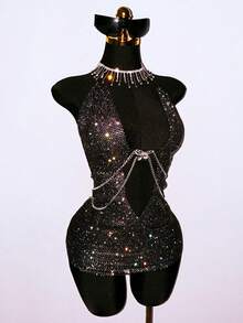 SHEIN DivaQ Women's Party Dress, Fishnet & Rhinestone Material, Sexy Sheer Sparkly, Suitable For Bar Parties, Carnivals Rhinestone Clothes Black Rave Top Black Sparkly Top - Black - View 1