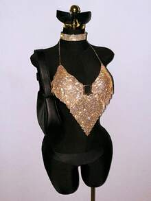 SHEIN DivaQ Women's Metal Halter Neck Top, Sexy Backless Top, Suitable For Music Festivals, Carnivals, And Parties Sparkle Top Rhinestone Top - Gold - View 4