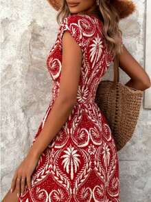 Balvessa Women's V-Neck Waist Cinched A-Line Long Dress, Floral Print On Red Background - Red - View 2