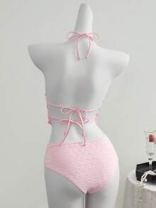 Swim Mod Women's Summer Beach Vacation Pink Front Tie Beaded Asymmetrical Hem Halter Swimsuit Top - Pink - View 2