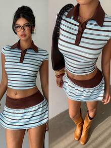 Aloruh 两件套女士新款复古Y2K风格套装 - Polo衫和低腰迷你裙，棕蓝色运动条纹，露脐设计 - 彩色 - 查看 2
