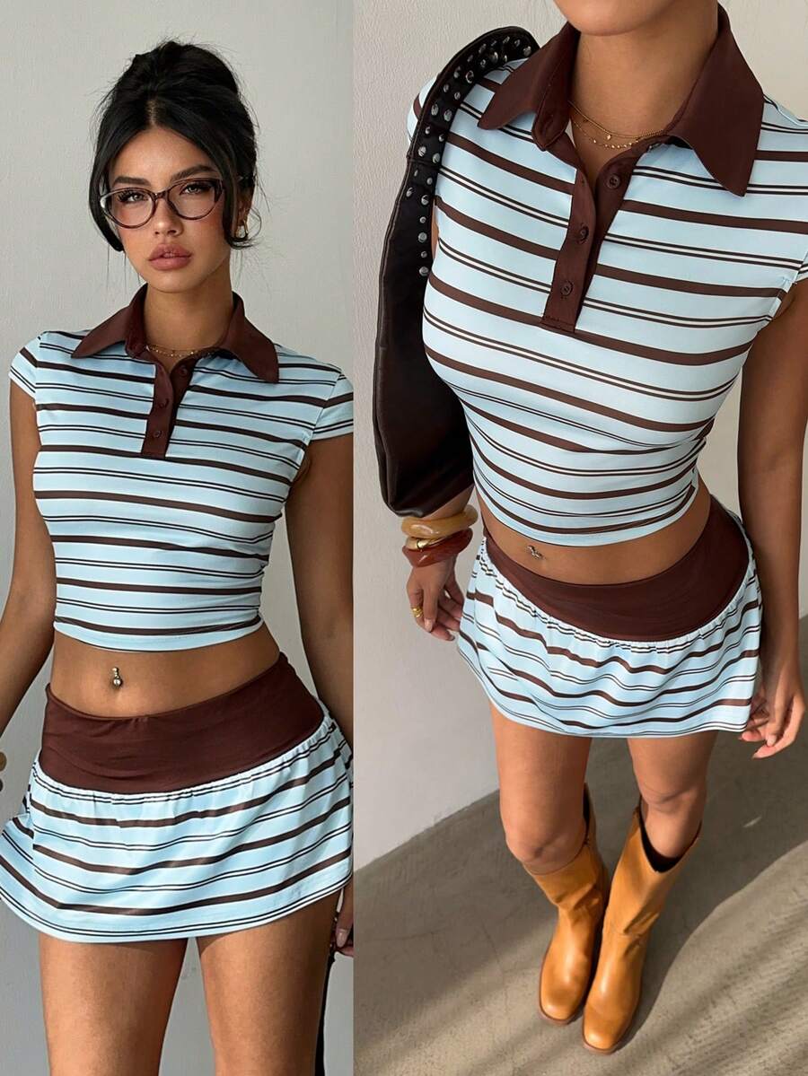 Aloruh 两件套女士新款复古Y2K风格套装 - Polo衫和低腰迷你裙，棕蓝色运动条纹，露脐设计