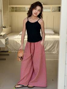 DAZY Tween Girl Solid Color Camisole And Plaid Wide Leg Pants Pajama Set Summer - Black - View 4