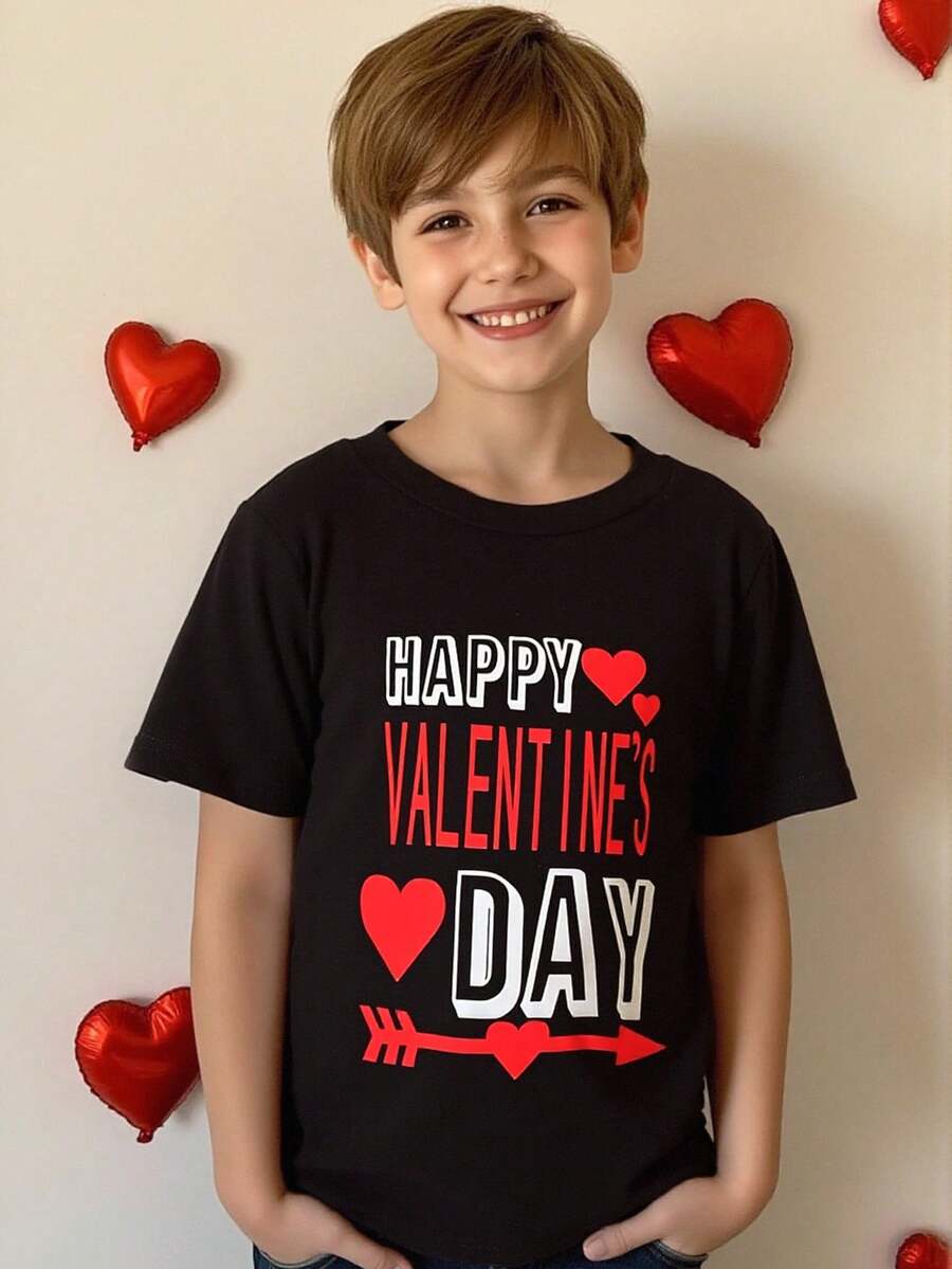 Young Boy Valentine's Day Love Slogan Print Round Neck T-Shirt - Black - View 1