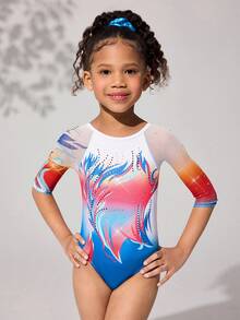 Young Girls' Gymnastics Leotard, Professional Sports Gymnastics Dance Mesh Sleeve High Stretch Breathable Purple Sparkly Pattern Rhinestone Bodysuit - Multicolor - View 7