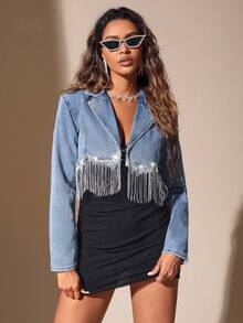 SHEIN Holidaya Plus Size Solid Color Fringe Decor Elegant Long Sleeve Denim Jacket - Blue - View 2