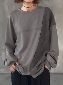 FRIFUL Damen lässiges, locker geschnittenes T-Shirt mit Rundhalsausschnitt , Drop-Shoulder, langärmlig, vielseitig einsetzbar - Grau - Übersicht 10
