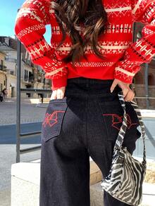 DAZY 女士/女孩休闲蝴蝶结刺绣水洗牛仔裤 - 藍色 - 查看 9