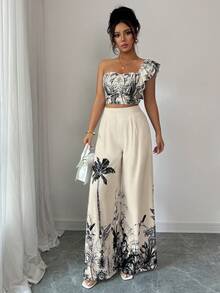 Elenzga Conjunto de 2 piezas con top de un hombro y pantalones de pierna ancha con estampado floral para mujer - Multicolor - Ver 5