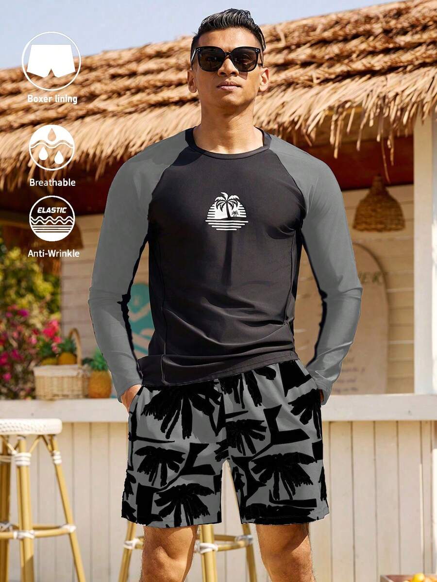 Manfinity Swimmode 男士休闲椰树印花撞色插肩袖上衣和泳裤两件套，秋季