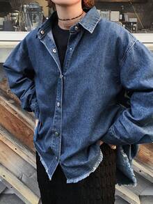 FRIFUL Women's Solid Color Minimalist Everyday Long Sleeve Denim Jacket - Dark Wash - View 4