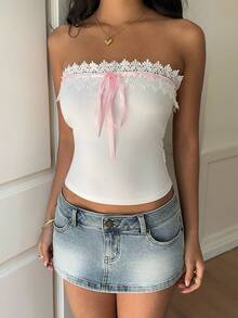 Sunnyshic Elegant Women's Bandeau Top With Pink Ribbon And Lace Trim - Pink - View 6