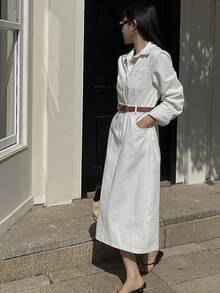 DAZY 春季女士休闲白色口袋翻领系带中长连衣裙 - 白色 - 查看 2